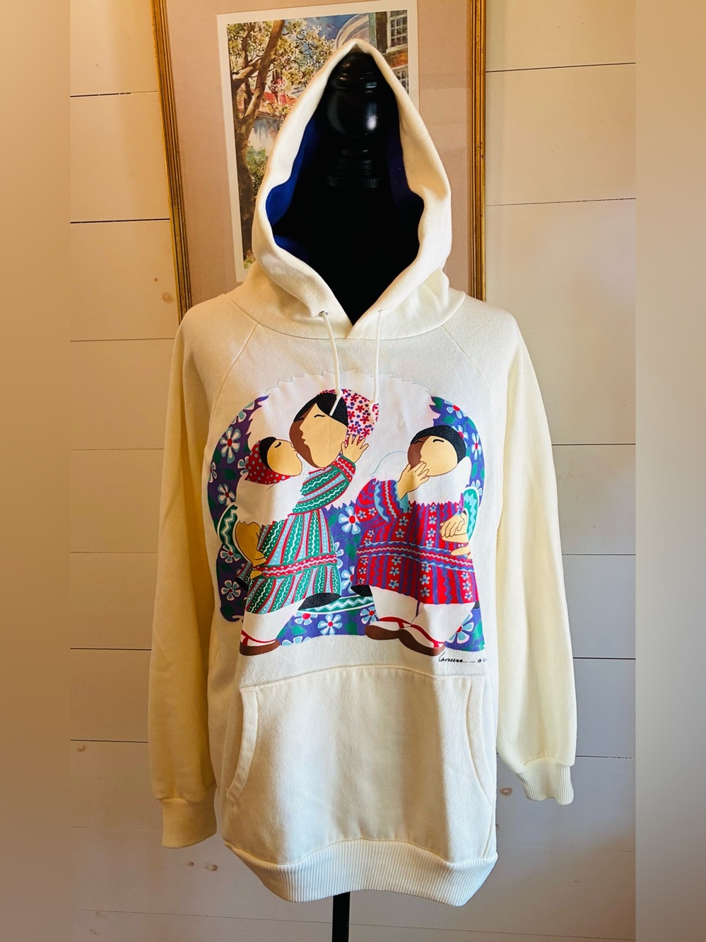 Vintage Arcticwear Barbara Lavallee Alaska Inuit Art Hoodie Cream MCategory:Wome